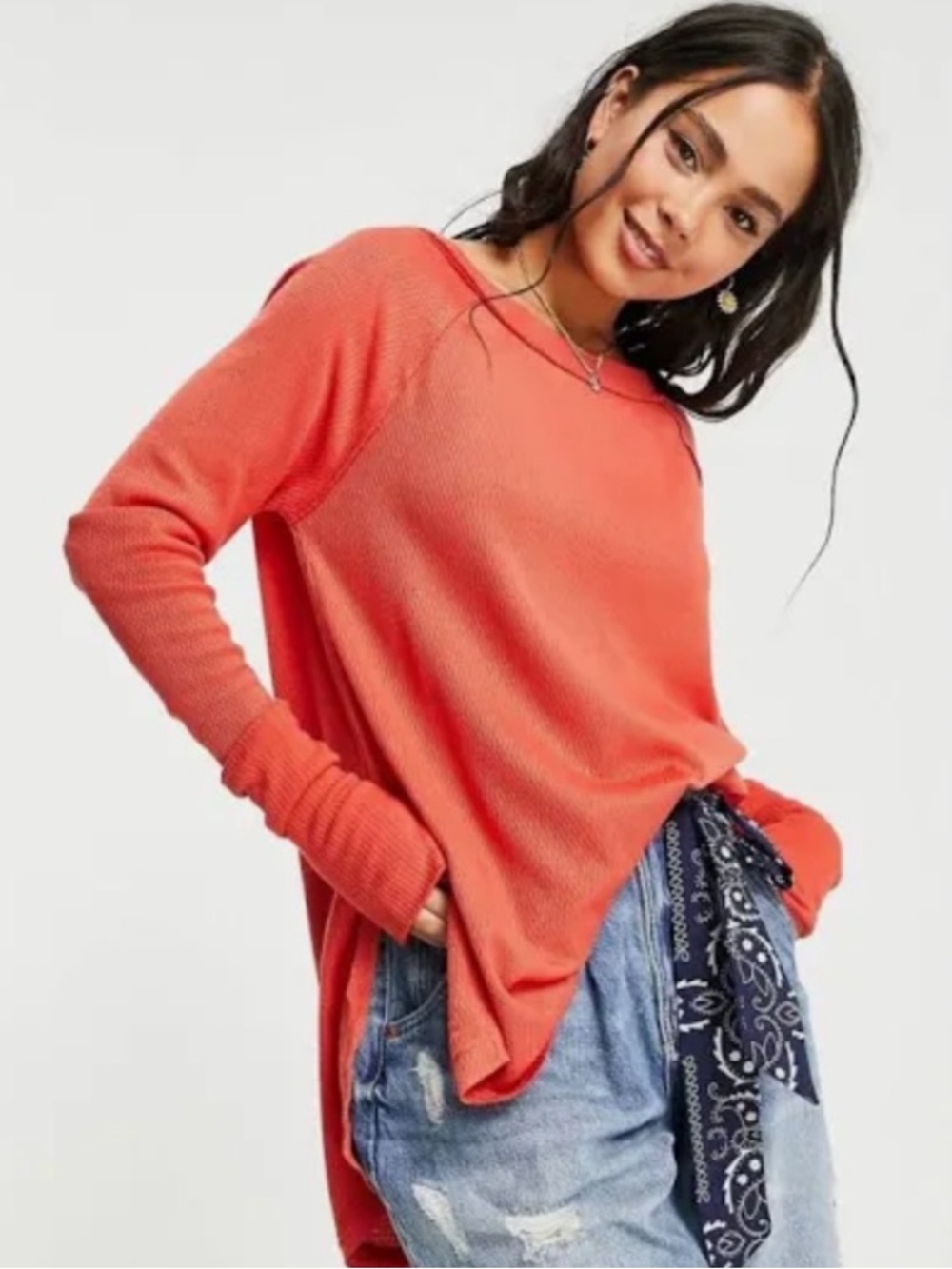 We The Free Off-the-Shoulder Snowy Thermal Tee Heat Wave Orange  Sz Sm - Picture 2 of 11